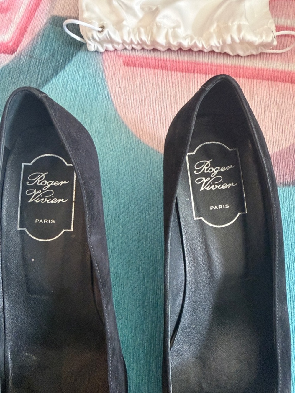 Roger Vivier Black Suede Square-Toe Flats with Silver Buckles - Picture 2 of 3